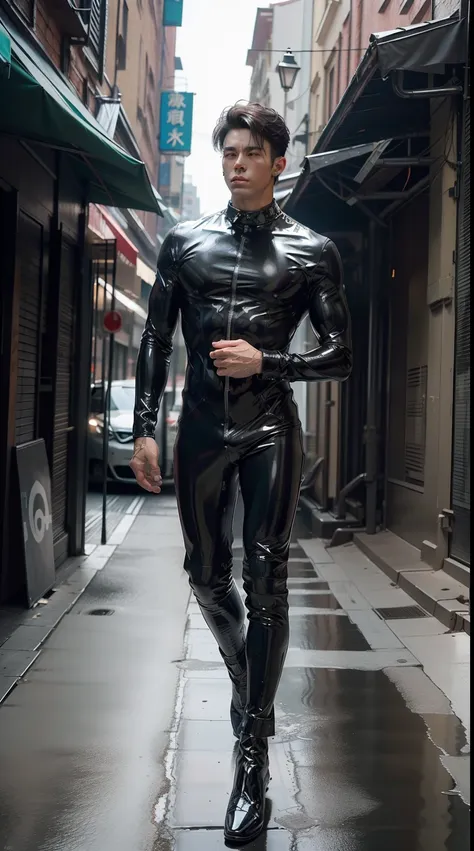 american man, （mtu）((black latex bodysuit, )) ，（(full body photo shot,)) the upper part of the body, (chest muscle，handsome,), (...