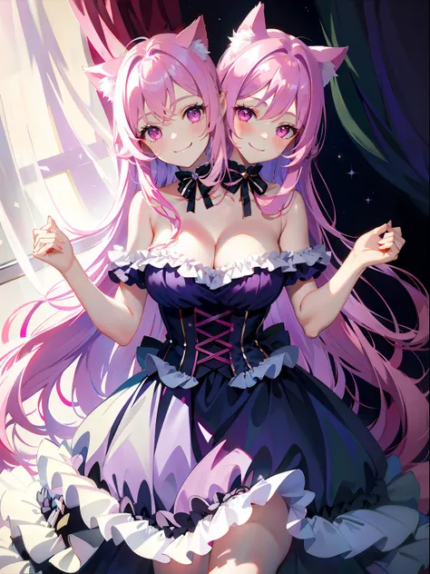 (masterpiece, best quality), best resolution, (2heads:1.5), 1girl, catgirl, wide floor-length curtain of pink hair, energetic, blue and white accessories, cat ears, simple dress with purple, pink eyes, smiling, giggling, friendly, girl kissing other girl, ...