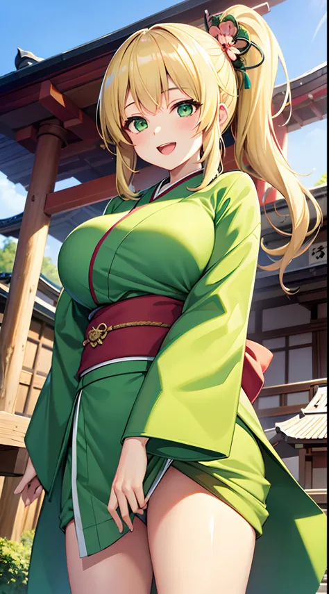 1 girl, game CG, green kimono, hair ornament, gigantic breasts, blonde, middle hair, side ponytail, green eyes, smile, Japanese shrine, open mouth, dynamic