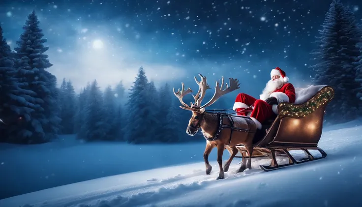 A magical winter wonderland background with Santa Claus and his sleigh flying through a starry sky over an enchanting snowy forest.