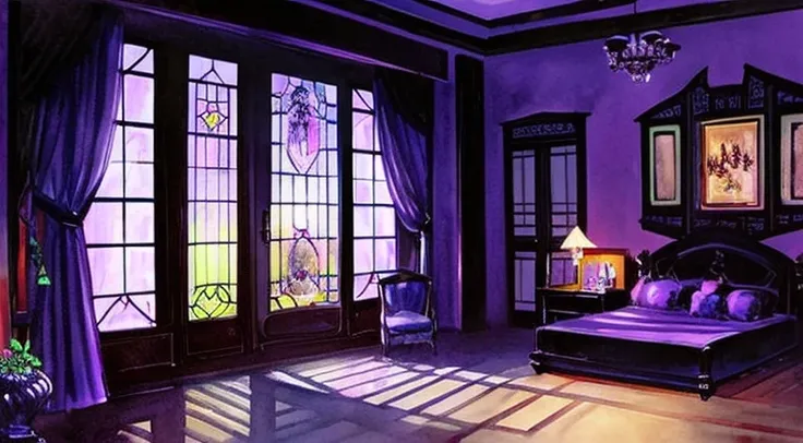 (masutepiece:1.3), (Best Quality:1.3),Indoors、water color illustration、Soft atmosphere、Small window、starrysky、natta、Gothic、Purple and black theme colors、Sconces and candles、a bed、Gothic lolita、Wide angle of view、Vampire Castle,deep in the night