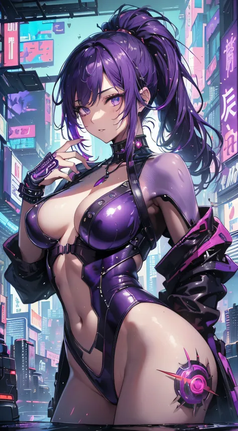 top-quality、Top image quality、​masterpiece、girl with((18year old、Best Bust、big bast,Beautiful purple eyes、Breasts wide open, Purple ponytail、A slender、Large valleys、Purple and black open-chest rider suit,Red high heels、Reflecting the whole body、Purple Neck...