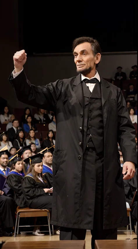 Abraham Lincoln delivering the keynote address at a modern University commencement with a large ethnically diverse audience around him