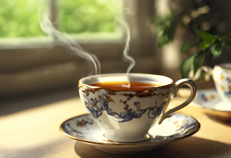 (best quality, 4k, 8k, high resolution, masterpiece: 1.2), ultra detailed, (realistic, photorealistic, photorealistic: 1.37),high-quality photography, (aromatic steam coming out of the tea cup: 1.37), ceramic teapot, porcelain tea cups, morning sunlight fi...