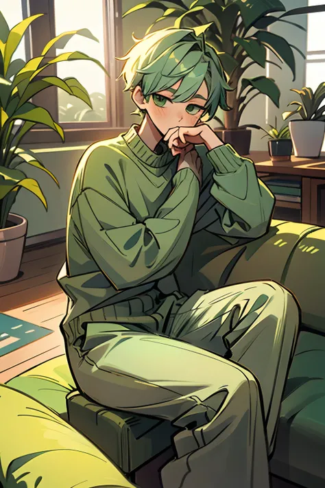 kpop boy, sage green hair, in green cute sweater outfit, sit near plant, inside living room, chill lofi, pretty, formal professional sit pose