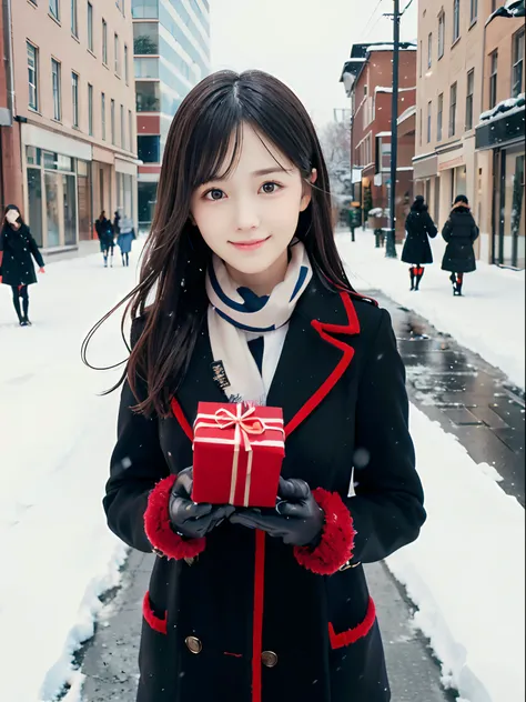 (A close-up of one slender small breasts girl and two side up hair  in a winter uniform and scarf coat:1.5)、(One girl with a shy smile、Holding a gift box with gloves in hand:1.5)、(Snowy winter street corner:1.5)、(Perfect Anatomy:1.3)、(No mask:1.3)、(complet...