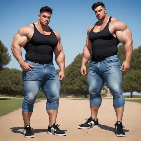 photorealistic (Giant guy full of muscles, has short black hair, blue eyes, wears tank top, jeans, gigantic sneakers, growing)