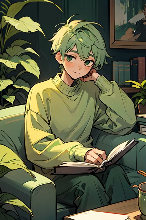 kpop boy, sage green hair, in green cute sweater outfit, sit near plant, inside living room, chill lofi, pretty, formal professional sit pose, happy, reading books