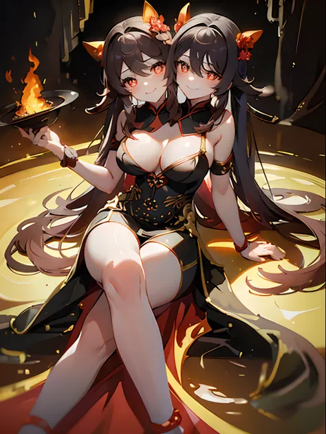 (masterpiece, best quality), best resolution, (2heads:1.5), 1girl, hu tao character, brown hair, brown eyes, relaxed, smug, smile, head resting in hand, dress made of fire, flame pattern dress, sitting in a volcanic cave, lava, volcano cave, volcanic chamb...