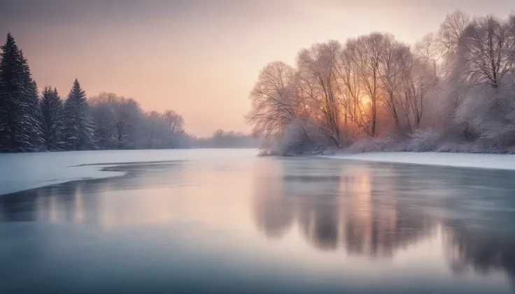 A serene winter landscape background with snow-covered trees and a frozen lake, reflecting the soft pastel colors of the sunset.