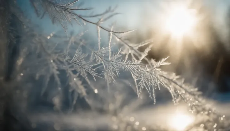 A close-up shot of delicate frost patterns on a windowpane, with soft morning light filtering through, creating a magical and ethereal scene.