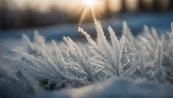 A close-up shot of delicate frost patterns on a windowpane, with soft morning light filtering through, creating a magical and ethereal scene.