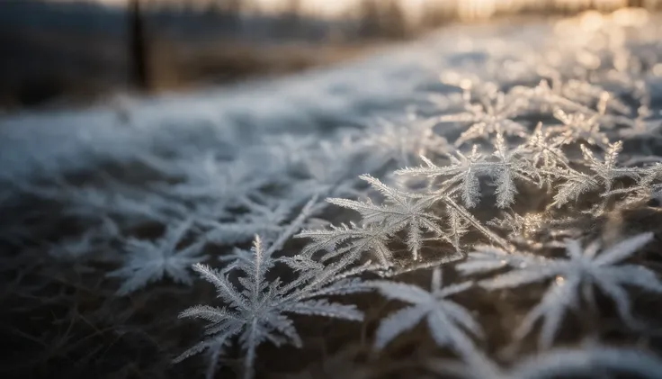 A close-up shot of delicate frost patterns on a windowpane, with soft morning light filtering through, creating a magical and ethereal scene.