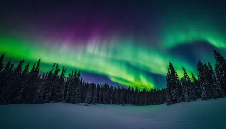 A bold and vibrant aurora borealis dancing across the sky, illuminating a snowy landscape with vibrant hues of green, blue, and purple.