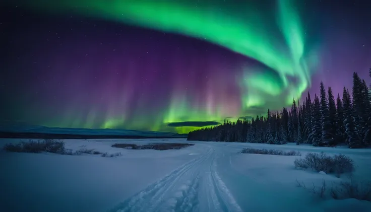 A bold and vibrant aurora borealis dancing across the sky, illuminating a snowy landscape with vibrant hues of green, blue, and purple.