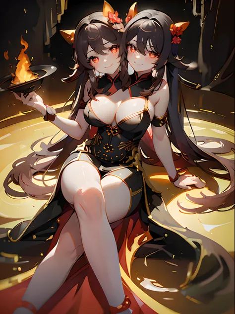 (masterpiece, best quality), best resolution, (2heads:1.5), 1girl, hu tao character, brown hair, brown eyes, relaxed, smug, smile, head resting in hand, dress made of fire, flame pattern dress, sitting in a volcanic cave, lava, volcano cave, volcanic chamb...