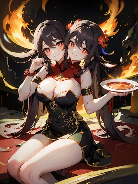 (masterpiece, best quality), best resolution, (2heads:1.5), 1girl, hu tao character, brown hair, brown eyes, relaxed, smug, smile, head resting in hand, dress made of fire, flame pattern dress, sitting in a volcanic cave, lava, volcano cave, volcanic chamb...