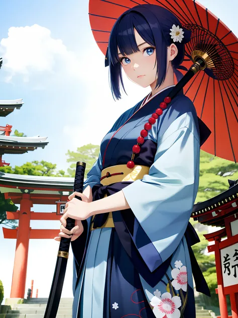 1 girl, Japanese clothes, jewelry, looking at the viewer, cute, holding katana, navy blue hair, light blue eyes japanese shrine background, detailed and visible background