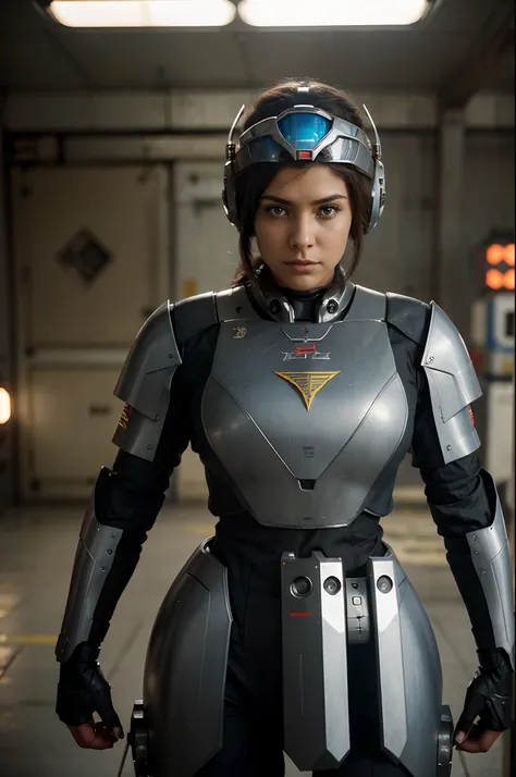 Motion Picture Still Portrait of a Solo Female Mech Pilot Standing in Front of Her (grande mecha de combate:1.3), armadura scifi, base militar, vento forte, SciFi Helmet in Hand, viseira, Olhos detalhados, pele seca, pele fuzz, visible skin hair, manchas n...