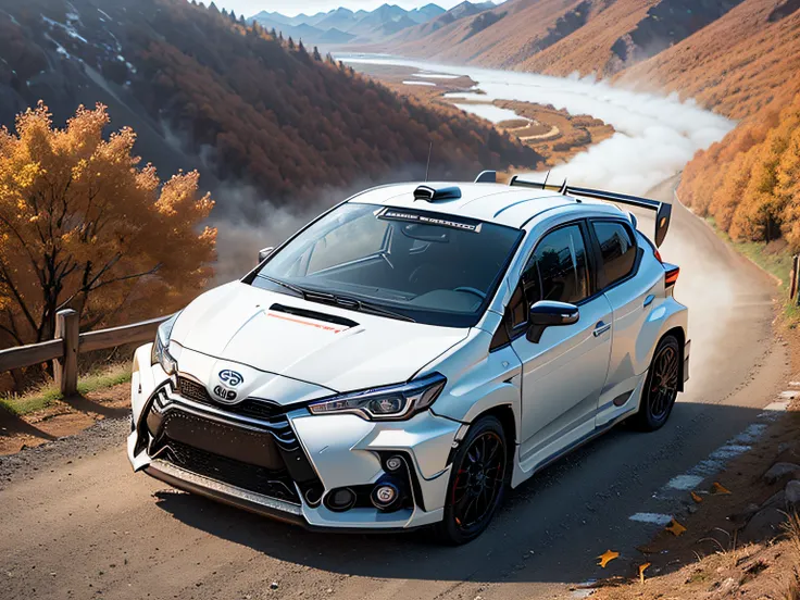 超A high resolution、An ultra-high picture quality、8K、Detailed details、marvelous expression、Late autumn valley、Beautiful autumn leaves、A car driving on a mountain road built along a mountain with sand smoke、((Toyota YarisＷＲＣ))