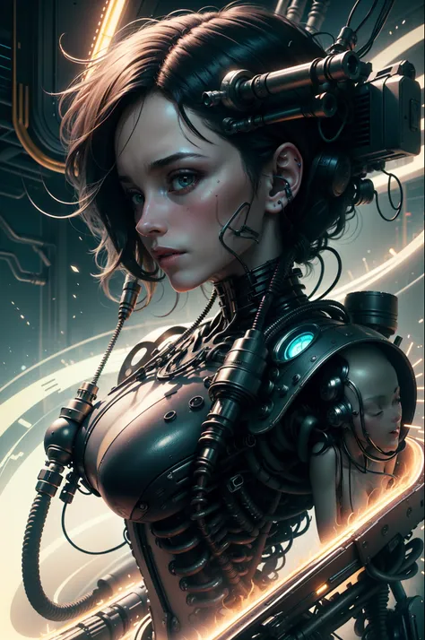 Top Quality, Masterpiece, Ultra High Resolution, ((Photorealistic: 1.4), Raw Photo, 1 cyberpunk Girl, Glossy Skin, 1 Mechanical Girl, (Ultra Realistic Details)), mechanical limbs, tubes connected to the mechanical parts, mechanical vertebrae attached to th...