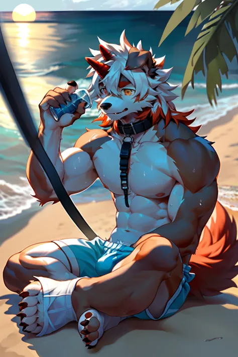 (by Hioshiru, by null-ghost, By personalami, by Honovy, by thebigslick, author：Feinhertz), Male, Solo, domestic dog，Doggy, Red horns, floppy ears, clawed paws, view the viewer，On the beach，the ocean，On the beach，Sexy，The upper part of the body，lowerbody，（S...