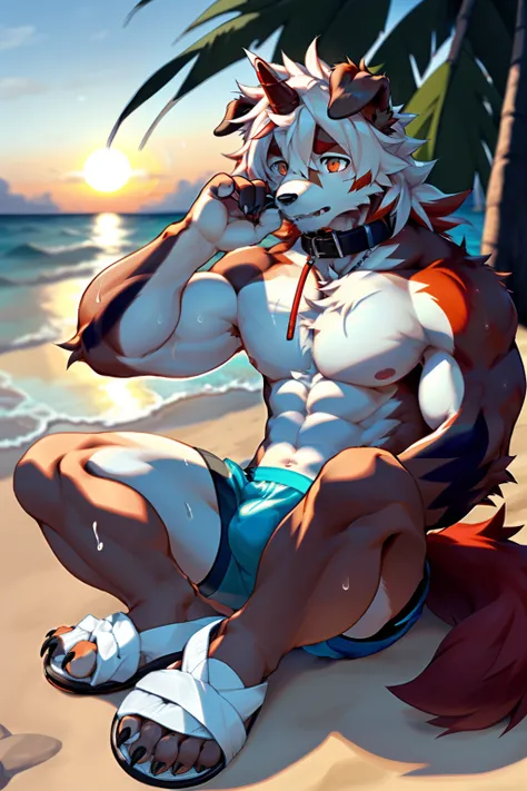 (by Hioshiru, by null-ghost, By personalami, by Honovy, by thebigslick, author：Feinhertz), Male, Solo, domestic dog，Doggy, Red horns, floppy ears, clawed paws, view the viewer，On the beach，the ocean，On the beach，Sexy，The upper part of the body，lowerbody，（S...