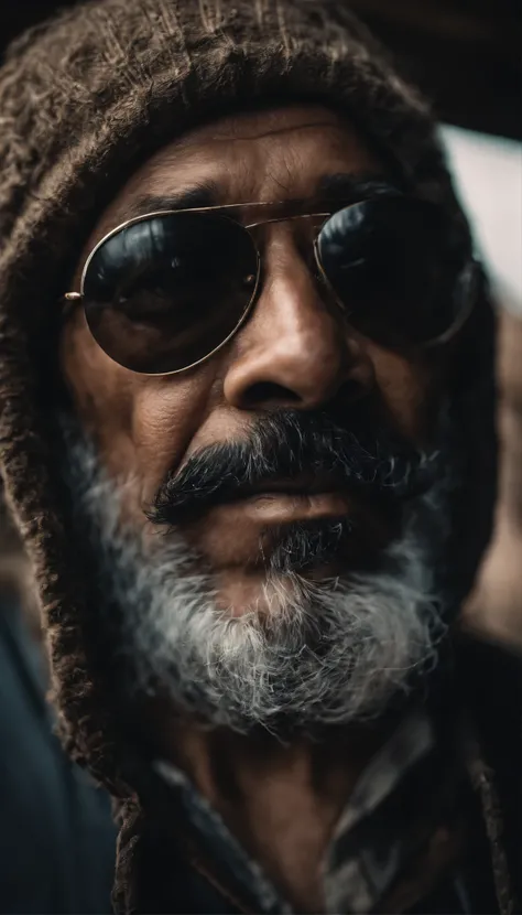 Portrait of a painter,Wear dark glasses.., Black Beard, wrinkled, Weathering, With eye piercing, detailed face, high-detail, shooting imaging, natural light, nikon d850, 50 mm., F/1.4,looking at the audience