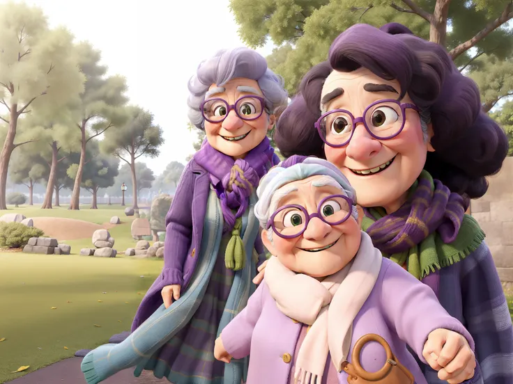 masterpiece, best quality, an old woman with glasses and a scarf on, wearing a purple coat and green scarf, standing at the park