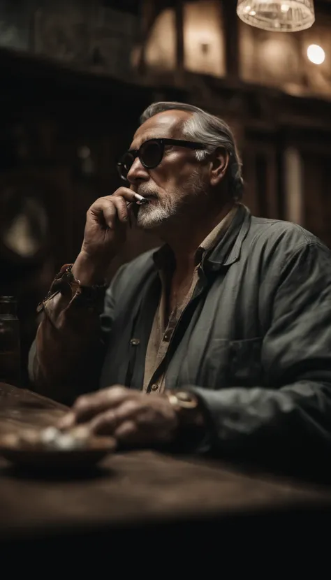 Portrait of a painter,Wear dark glasses..., Smoking cigars, wrinkled, Weathering, With eye piercing, detailed face, high-detail, shooting imaging, natural light, nikon d850, 50 mm., F/1.4,looking at the audience