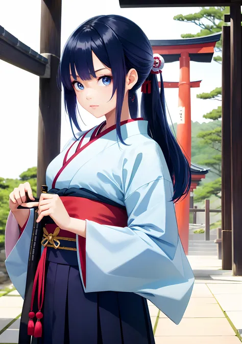 1 girl, Japanese clothes, jewelry, looking at the viewer, cute, holding katana, navy blue hair, light blue eyes japanese shrine background, detailed and visible background