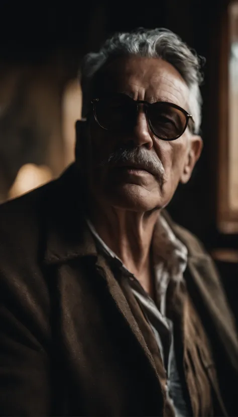 Portrait of a painter,Wear dark glasses..., Smoking cigars, wrinkled, Weathering, With eye piercing, detailed face, high-detail, shooting imaging, natural light, nikon d850, 50 mm., F/1.4,looking at the audience