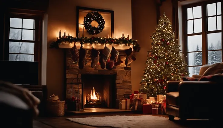 A cozy living room decorated with a roaring fireplace, a beautifully adorned Christmas tree, and stockings hanging on the mantel.