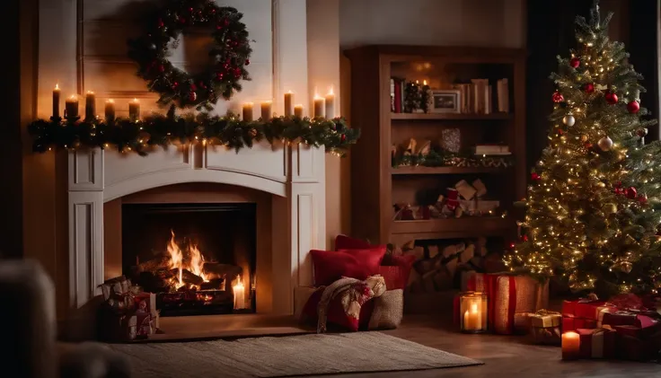 A cozy living room decorated with a roaring fireplace, a beautifully adorned Christmas tree, and stockings hanging on the mantel.