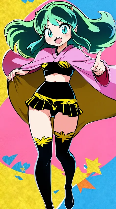 lum, , superhero costume, urusei yatsura, cloak, pants, pullover, kimono,martial pov,, pantyhose, sharpteeth, standing,smile, matial art