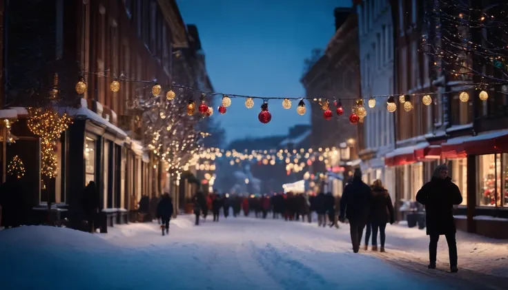 A snowy street with colorful Christmas lights strung across the buildings, while people stroll by with shopping bags and hot beverages in hand.