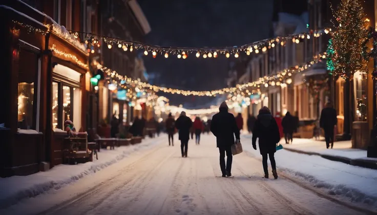 A snowy street with colorful Christmas lights strung across the buildings, while people stroll by with shopping bags and hot beverages in hand.