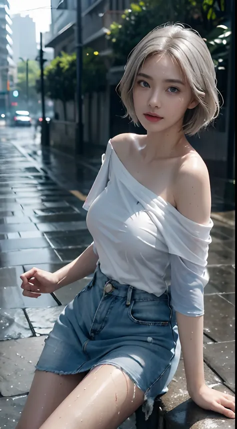 Young Japan woman standing,  ((City Street)),  ((Fully clothed)), ((Off Shoulder T-Shirt Dress)),((Barefoot)), Short-haired blonde, slim build, two tone color hair, PM, Gray Light, overcast, Detailed background, Dark, busy street, Crowding Street, Cinemati...