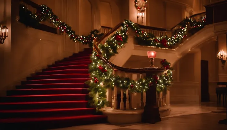 A grand staircase decorated with garlands, ornaments, and a cascading red velvet ribbon, leading up to a beautifully lit Christmas tree.