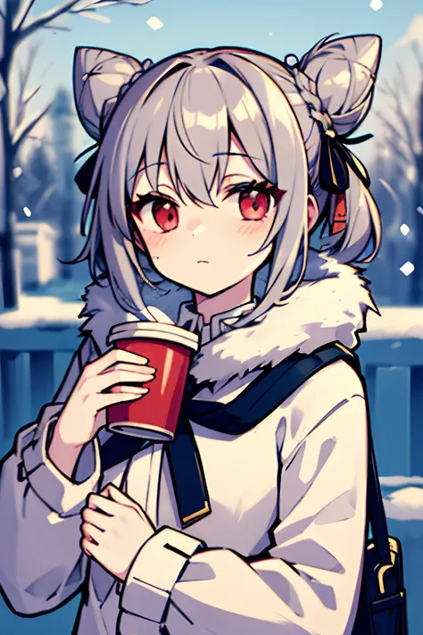 (masterpiece), (best quality), (highly detailed), 1girl, solo, red eyes, holding, disposable cup, looking at viewer, holding cup, outdoors, snow, long sleeves, bangs, cup, coffee cup, tree, closed mouth, bare tree, fur trim, hair between eyes, ribbon, open...