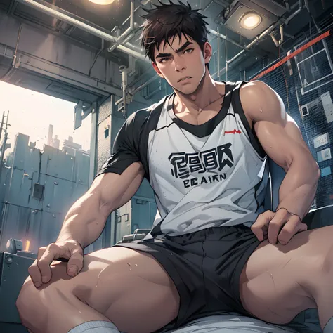 Libido boy，Tong，large pecs，Big bag，Wear white basketball socks，Half recumbent，CG sense，POV perspective，spread their legs，Dark atmosphere，8K,Cinematic lighting effects，Textured skin，best qualtiy，Storytelling images，Storytelling images，dynamic blur，actionpos...