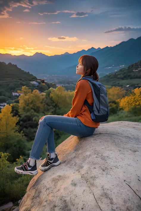 top-quality、masuter piece、ultra-detailliert、8ｋ、独奏、(((Girl sitting on a huge rock looking at the sky、up looking_Away:1.2、Looking at the sky)))、from behind、Beanie、Greyprint Hoodie、Straight Old Denim、damage jeans、Trekking Shoes、backpacker、evening、Sunset、blurr...