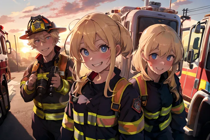 A cityscape lined with multi-tenant buildings,Fire trucks are parked in the vicinity,Dressed as a firefighter,Firefighters are around with hoses and training activities,firefighter suit,Blonde hair with peach inner color,blue eyess,Sunset sky,Training with...