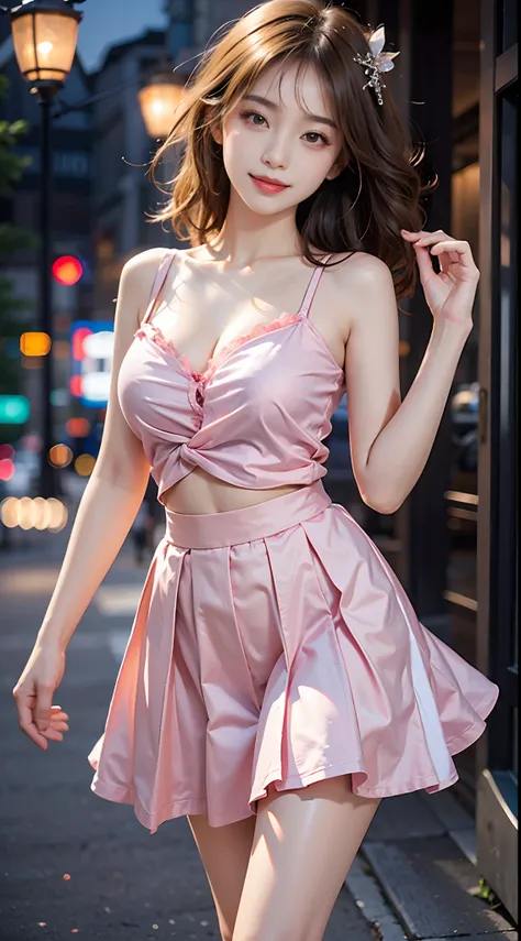 ((knee shot)), Shot from a random perspective, 22-year-old Asian model, slim, Slimming the waist, curlies, JK clothing, Pink shirt, White pleated skirt, cropped shoulders, warm lights, Warm tones Slender legs, Cross ed leg, In the park, Walking casually, w...