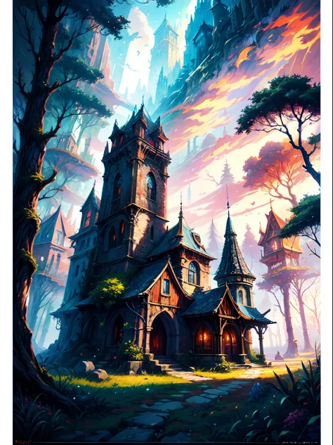 (masterpiece, top quality, best quality. official art, beautiful and aesthetic:1.2). Stunning matte painting portraying there is a stone building in the middle of a forest, dark fantasy setting, enchanted magical fantasy forest, witch cottage in the forest...