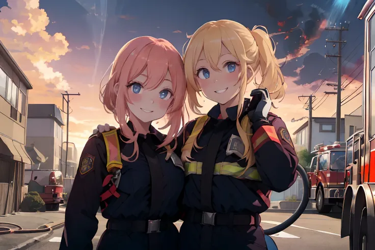 A cityscape lined with multi-tenant buildings,Fire trucks are parked in the vicinity,Dressed as a firefighter,Firefighters are around with hoses and training activities,firefighter suit,Blonde hair with peach inner color,blue eyess,Sunset sky,Pleasant face...