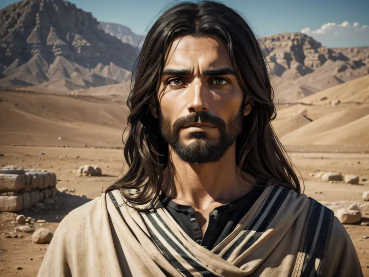 realistic, man jesus christ, looking at the camera with serious expression, with a black stripe over his mouth, on the backgroud a landscape of ancient israel