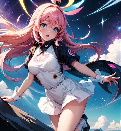 masuter piece, ultra-quality,Colored cloudsColorful colored clouds background、Anime Face、Face up、Big eyes、Sparkling eyes、huge tit 、Floating in the sky、(Dynamic Pose:1.2),(magical little girl),(dynamic view:1.4)、a miniskirt、A sexy、