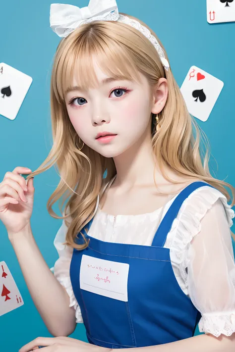 best quality, ultra highres, photoreaslistic, a photography of a cute girl, detailed face, (PureErosFace_V1:0.008), Alice in Wonderland, 13yo, blonde wavy hair, white apron, blue dress, playing card pattern background, no make-up