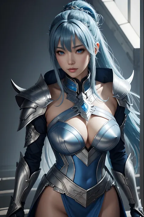 Close-up of a woman in a silver and blue dress、blue hairs, Chengwei Pan on Artstation、 Yang J 作、 Detailed fantasy art、Stunning character art、 Fan Art Best Art Station、 Magnificent exquisite character art、 Beautiful armor、Highly detailed Artgerm、 Detailed D...